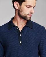 Billy Reid Long-Sleeve Step Jacquard Sweater Polo - Carbon Blue Multi