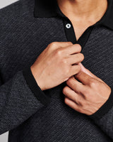 Billy Reid Long-Sleeve Step Jacquard Sweater Polo - Charcoal Multi