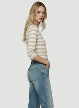 Soft Touch Semi Relaxed Three Quarter Sleeve Stripe Boatneck T-Shirt - Ecru Chine Stripe