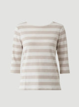 Soft Touch Semi Relaxed Three Quarter Sleeve Stripe Boatneck T-Shirt - Ecru Chine Stripe