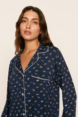 Eberjey Gisele Printed Long PJ Set - Santa Paws Navy/Ivory