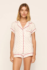 Eberjey Gisele Printed Shortie PJ Set - Mini Bow Ivory/Holly Red