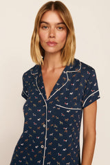 Eberjey Gisele Printed Shortie PJ Set - Santa Paws Navy/Ivory