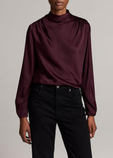 Silk-Blend Draped Cowl-Neck Long-Sleeve Top - Blackberry