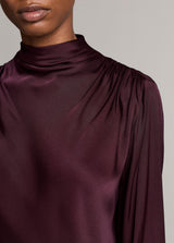 Silk-Blend Draped Cowl-Neck Long-Sleeve Top - Blackberry