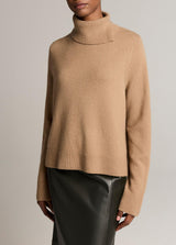 Wool-Cashmere Side-Slit Turtleneck Sweater - Camel