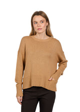 Cotton Cashmere Crew Neck Sweater with Pocket Detail - Camel