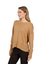 Cotton Cashmere Crew Neck Sweater with Pocket Detail - Camel