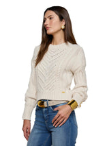 Storm Boxy Crop Cable Pullover - Ivory/Gold