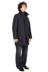 Diagonal Wool Blend Coat with Detachable Faux Fur Collar - Charcoal