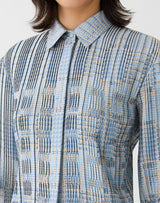 Glen Plaid Print Twill Plissé Blouse - Oxford Blue Multi