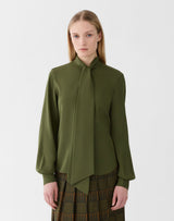Organic Silk Stretch Georgette Tie Neck Blouse - Forest