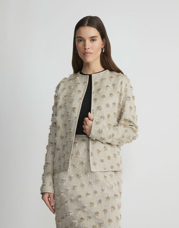 Fringed Dot Jacquard Collarless Jacket