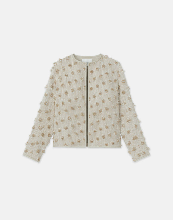 Fringed Dot Jacquard Collarless Jacket