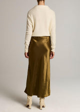 Satin Side-Slit Slip Skirt - Moss Ochre